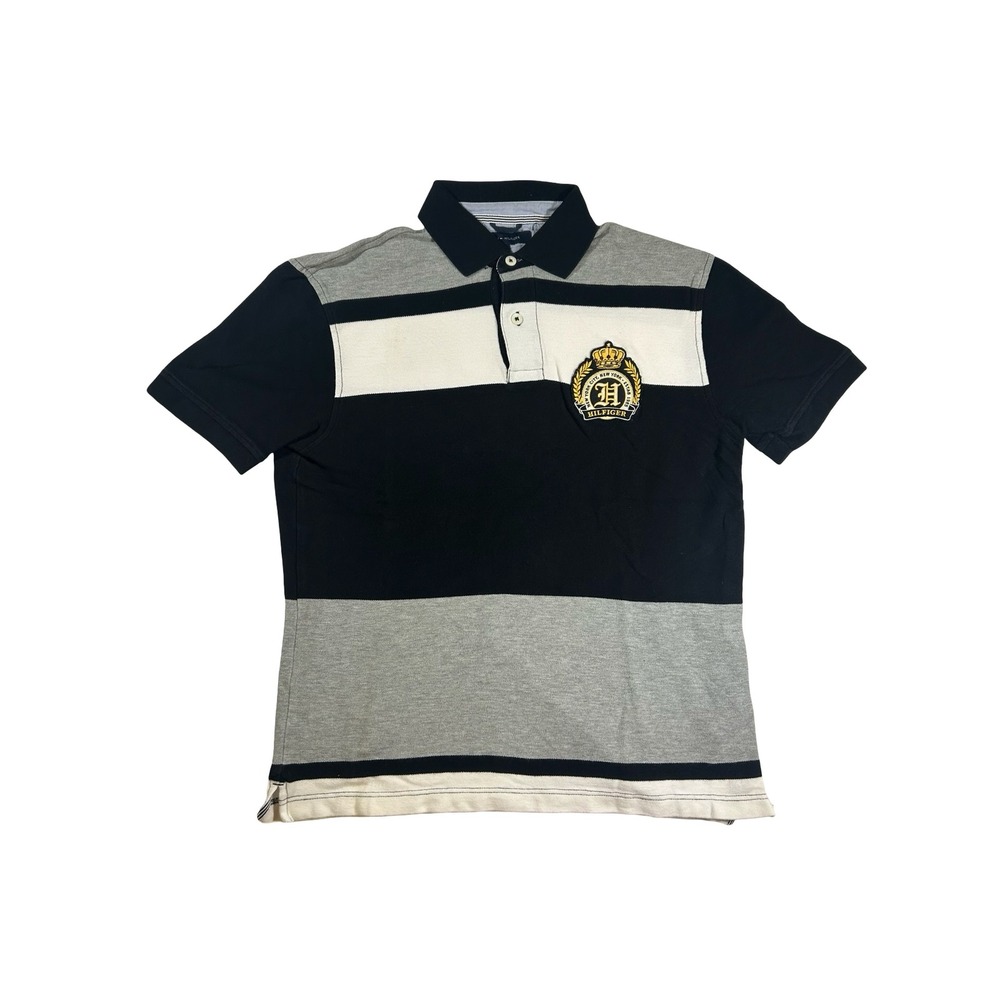 Tommy Hilfiger Mens Polo Shirt Medium Blue Grey Striped Crest Logo Short Sleeve